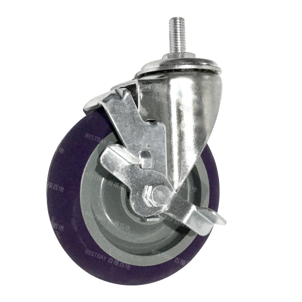 21系列5寸丝杆紫色塑芯聚氨酯边刹脚轮（双轴承）