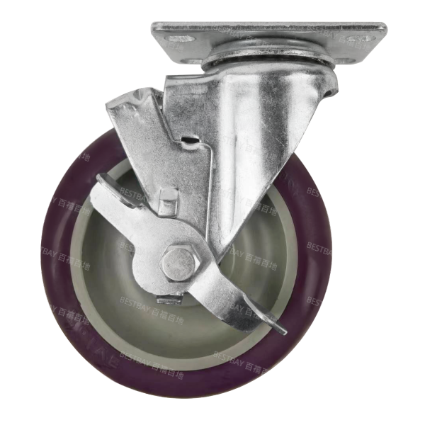 21系列5寸平底活动紫色塑芯聚氨酯边刹脚轮（双轴承）